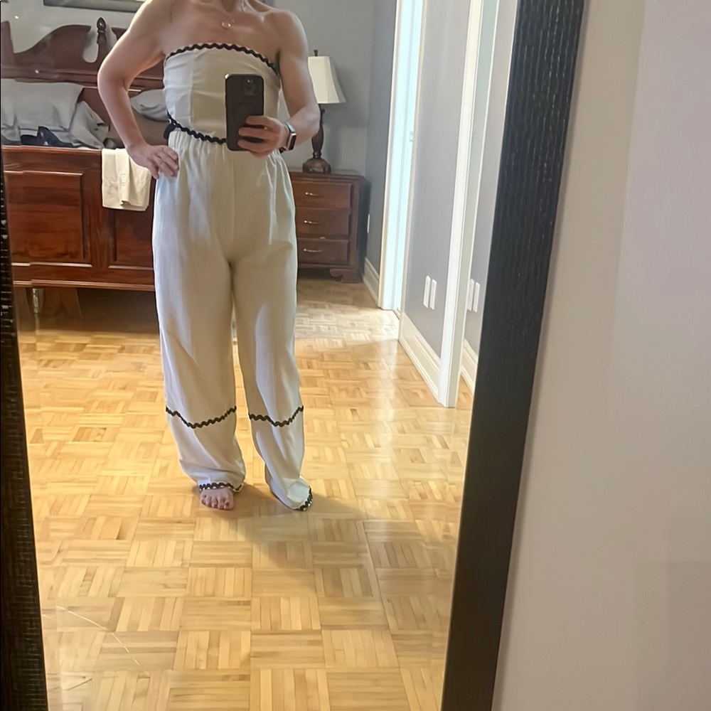 Strapless Cream Wide-Leg Jumpsuit with Black Trim